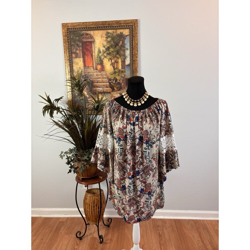 Win Win Woman Blouse L-XL Raglan sleeve Collarless Pullover Resort Wear Boho